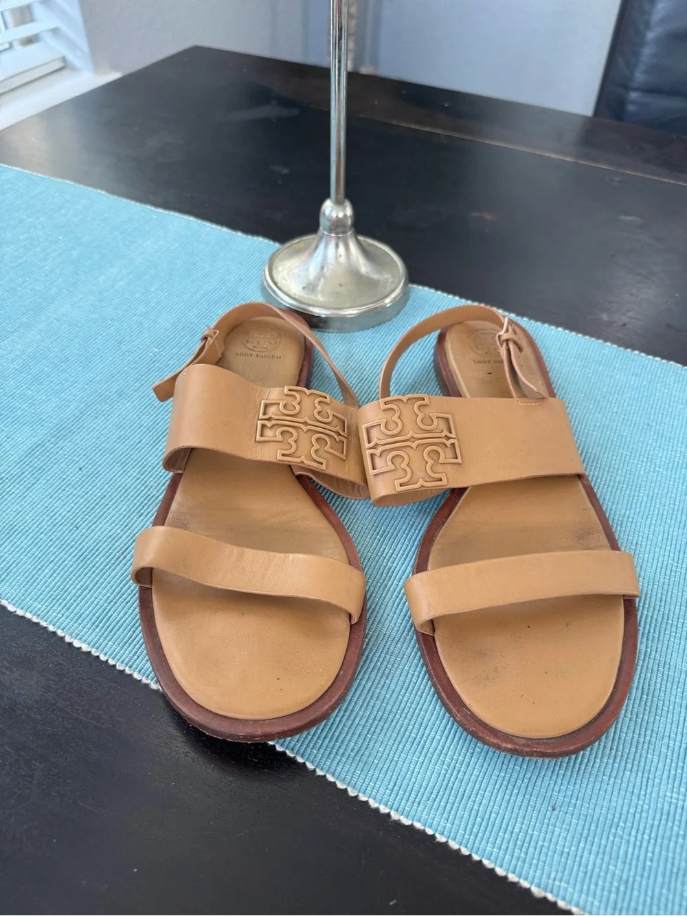 Tory Burch Camel Leather Logo Slide Sandals